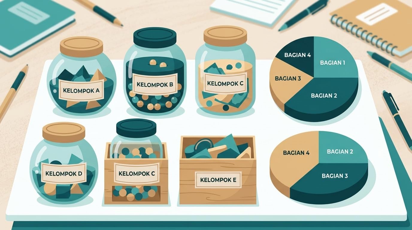 Ilustrasi membagi dana ke beberapa wadah berbeda yang mewakili jenis aset, menggambarkan konsep alokasi aset sederhana bagi pemula