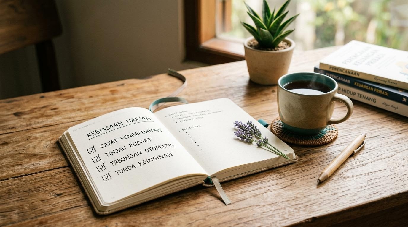 Ilustrasi buku catatan keuangan, cangkir teh, dan daftar kebiasaan harian di atas meja kayu bernuansa hangat