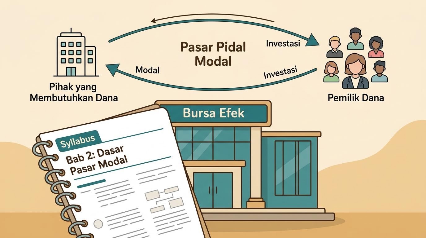 Ilustrasi papan informasi bursa dan buku catatan sederhana di meja, menggambarkan pemula yang mulai mengenal dasar pasar modal secara bertahap