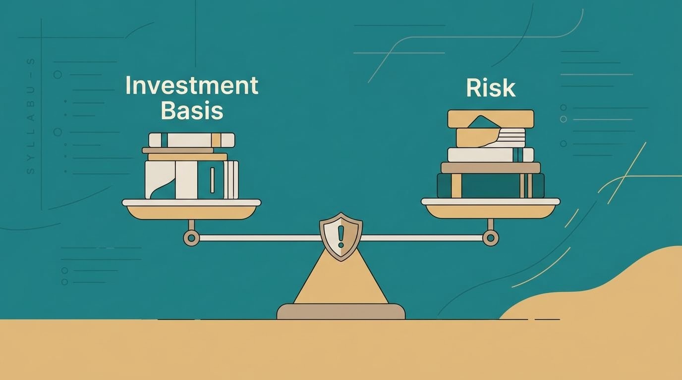 Timbangan sederhana dengan simbol tanda seru yang melambangkan penimbangan risiko investasi bagi pemula